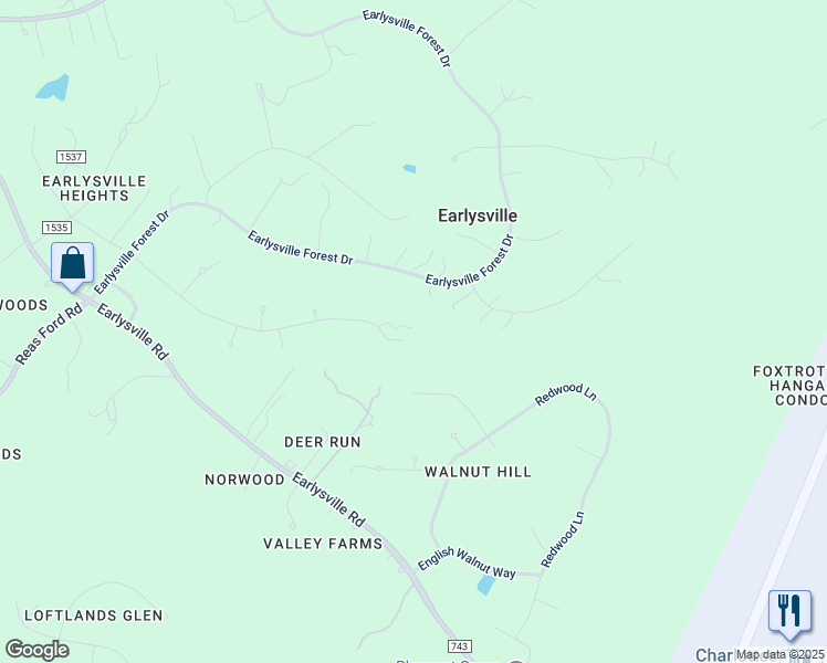 map of restaurants, bars, coffee shops, grocery stores, and more near 1000 Stillwater Lane in Earlysville