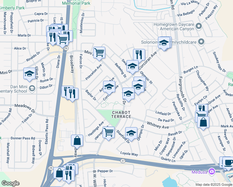 map of restaurants, bars, coffee shops, grocery stores, and more near 585 Mini Drive in Vallejo