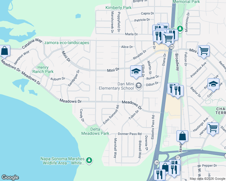 map of restaurants, bars, coffee shops, grocery stores, and more near 135 Donna Court in Vallejo