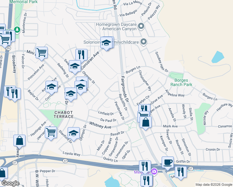 map of restaurants, bars, coffee shops, grocery stores, and more near 131 Mills Lane in Vallejo