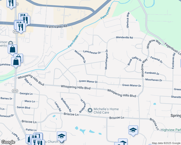 map of restaurants, bars, coffee shops, grocery stores, and more near 6111 Moorhaven Drive in Louisville