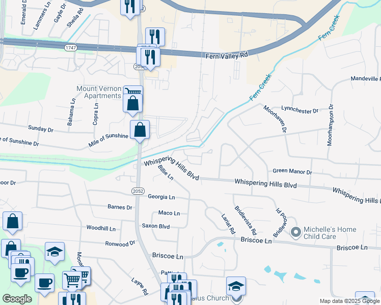 map of restaurants, bars, coffee shops, grocery stores, and more near 5501 Fernfield Drive in Louisville