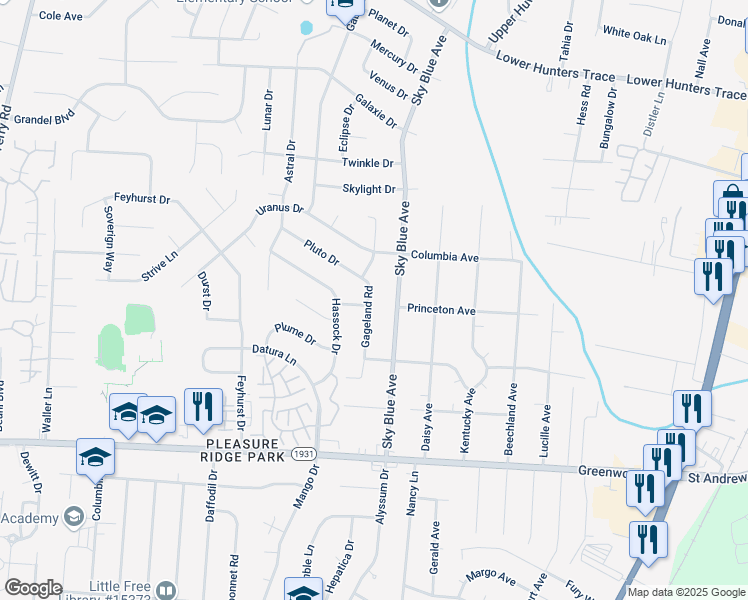 map of restaurants, bars, coffee shops, grocery stores, and more near 7011 Gageland Road in Louisville