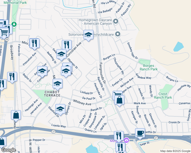 map of restaurants, bars, coffee shops, grocery stores, and more near 131 Mills Lane in Vallejo