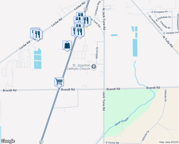 map of restaurants, bars, coffee shops, grocery stores, and more near 18256 Abilene Way in Lockeford
