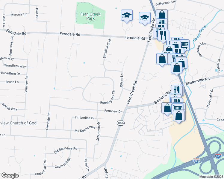 map of restaurants, bars, coffee shops, grocery stores, and more near 8812 Running Fox Circle in Louisville