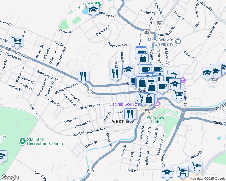 map of restaurants, bars, coffee shops, grocery stores, and more near 9 N Jefferson St in Staunton