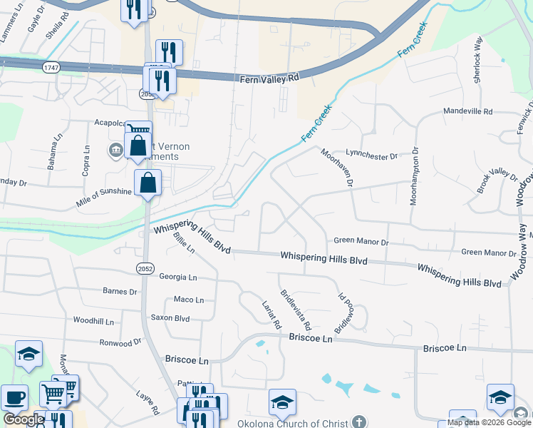 map of restaurants, bars, coffee shops, grocery stores, and more near 6805 Rock Forest Drive in Louisville