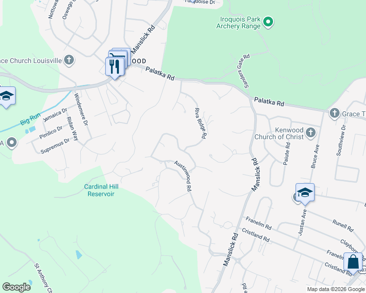 map of restaurants, bars, coffee shops, grocery stores, and more near 1900 Riva Ridge Road in Louisville