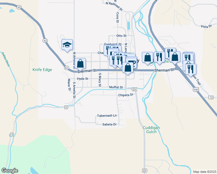 map of restaurants, bars, coffee shops, grocery stores, and more near 701 Moffat Street in Ridgway
