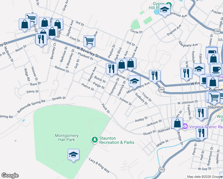 map of restaurants, bars, coffee shops, grocery stores, and more near 226 Thompson Street in Staunton