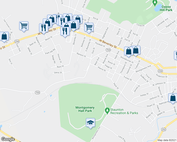 map of restaurants, bars, coffee shops, grocery stores, and more near 405 Straith Street in Staunton