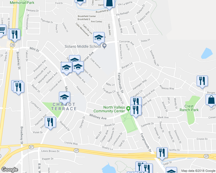 map of restaurants, bars, coffee shops, grocery stores, and more near 131 Mills Lane in Vallejo