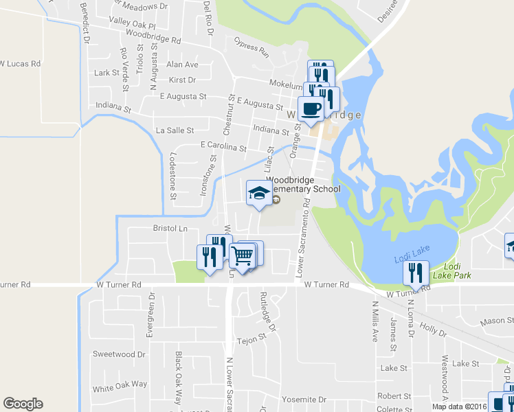 map of restaurants, bars, coffee shops, grocery stores, and more near 1233 Lilac Street in Lodi