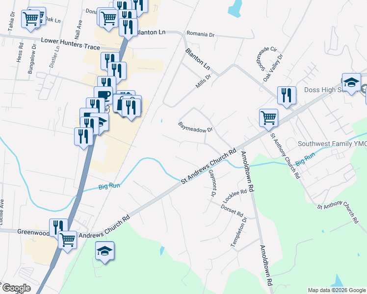 map of restaurants, bars, coffee shops, grocery stores, and more near 3708 Alameter Drive in Louisville