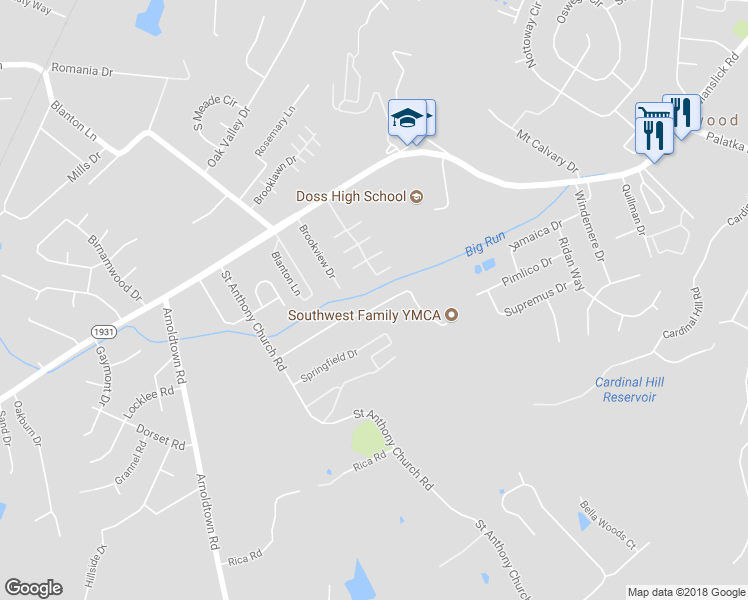 map of restaurants, bars, coffee shops, grocery stores, and more near 3031 Fordhaven Road in Louisville