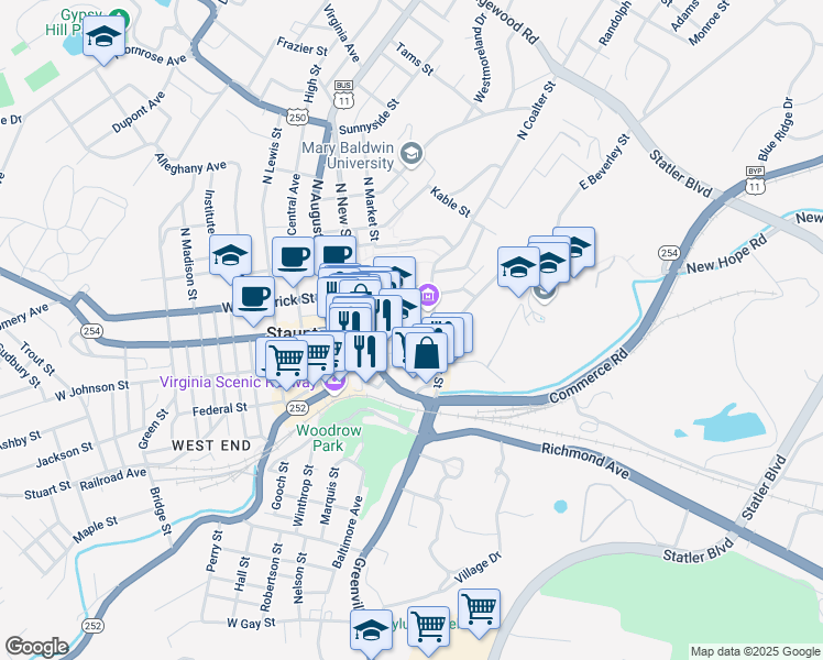 map of restaurants, bars, coffee shops, grocery stores, and more near in Staunton