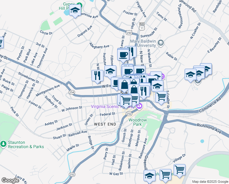 map of restaurants, bars, coffee shops, grocery stores, and more near 217 W Beverley St in Staunton