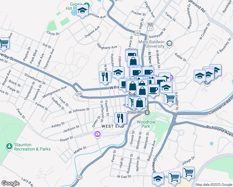 map of restaurants, bars, coffee shops, grocery stores, and more near 411 West Beverley Street in Staunton