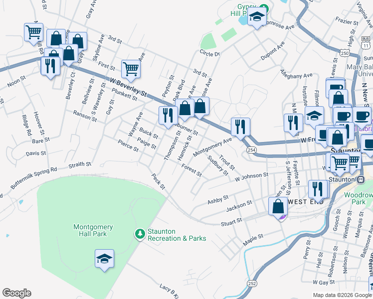 map of restaurants, bars, coffee shops, grocery stores, and more near 1120 Walnut Street in Staunton