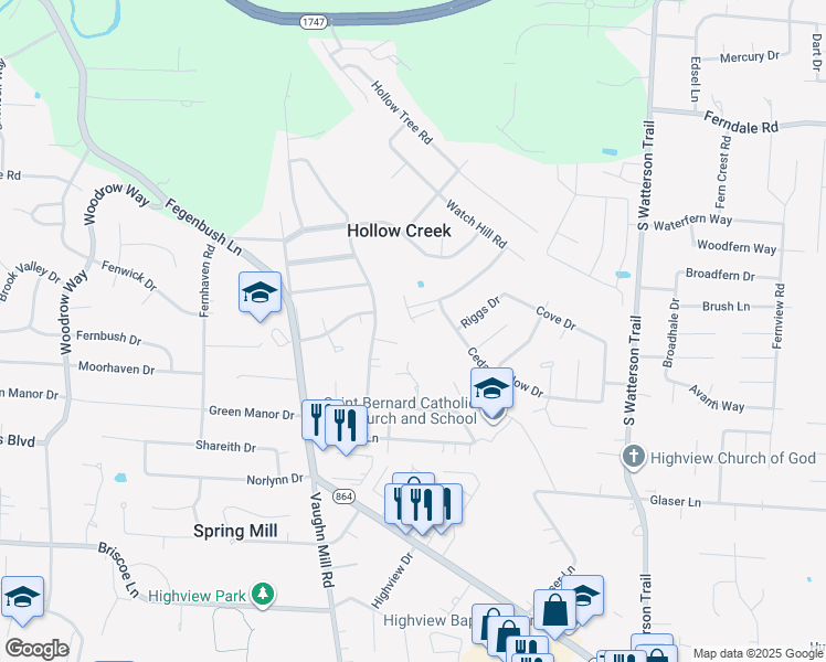 map of restaurants, bars, coffee shops, grocery stores, and more near 6814 Switch Bark Court in Louisville