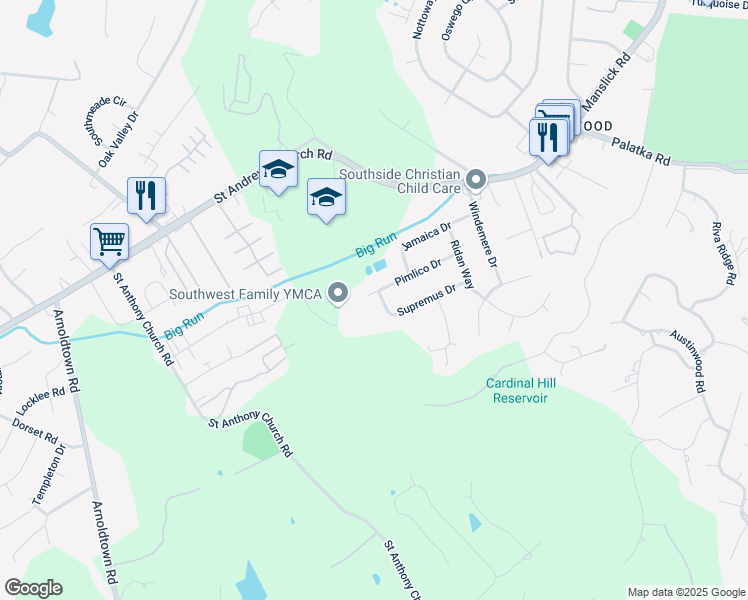 map of restaurants, bars, coffee shops, grocery stores, and more near 7600 Pimlico Drive in Louisville