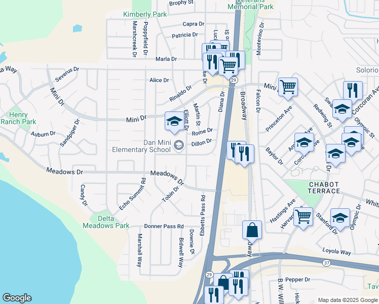 map of restaurants, bars, coffee shops, grocery stores, and more near 1600 Lorenzo Drive in Vallejo