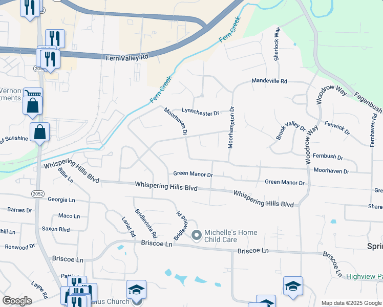 map of restaurants, bars, coffee shops, grocery stores, and more near 6111 Moorhaven Drive in Louisville