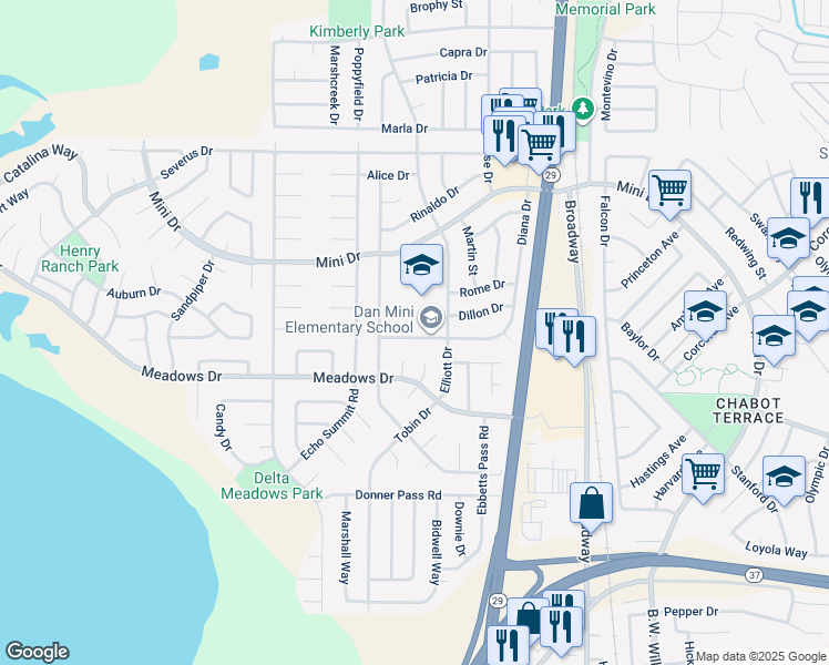map of restaurants, bars, coffee shops, grocery stores, and more near 1530 Lorenzo Drive in Vallejo