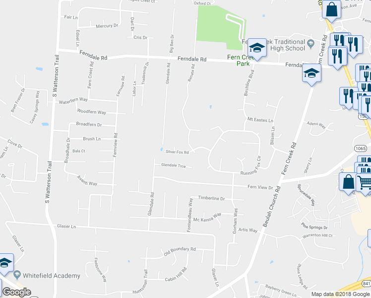 map of restaurants, bars, coffee shops, grocery stores, and more near 8407 Silver Fox Road in Louisville