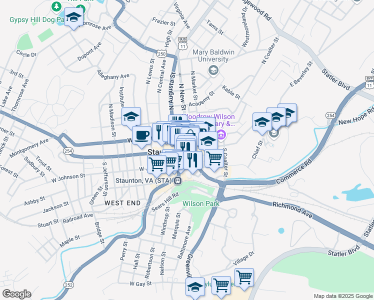 map of restaurants, bars, coffee shops, grocery stores, and more near 12 West Beverley Street in Staunton