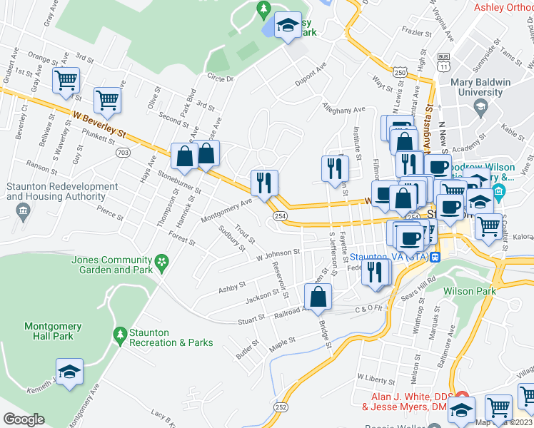 map of restaurants, bars, coffee shops, grocery stores, and more near 950 West Beverley Street in Staunton