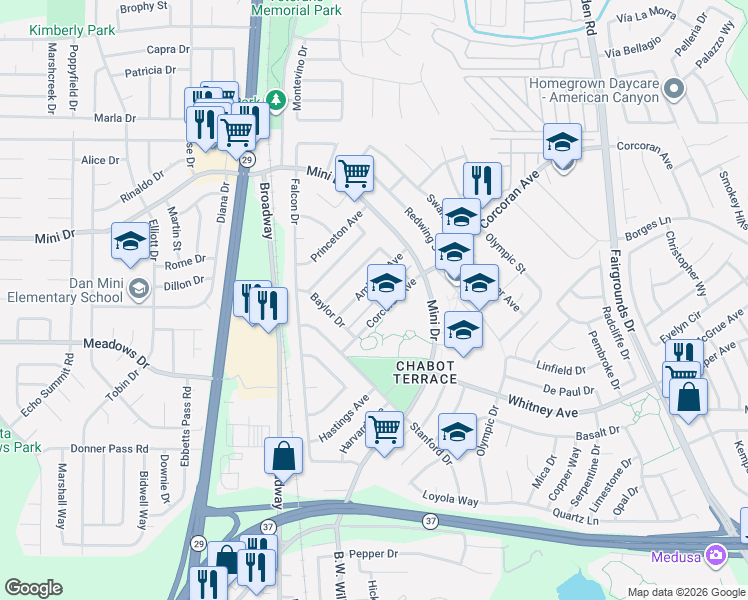map of restaurants, bars, coffee shops, grocery stores, and more near 440 Corcoran Avenue in Vallejo