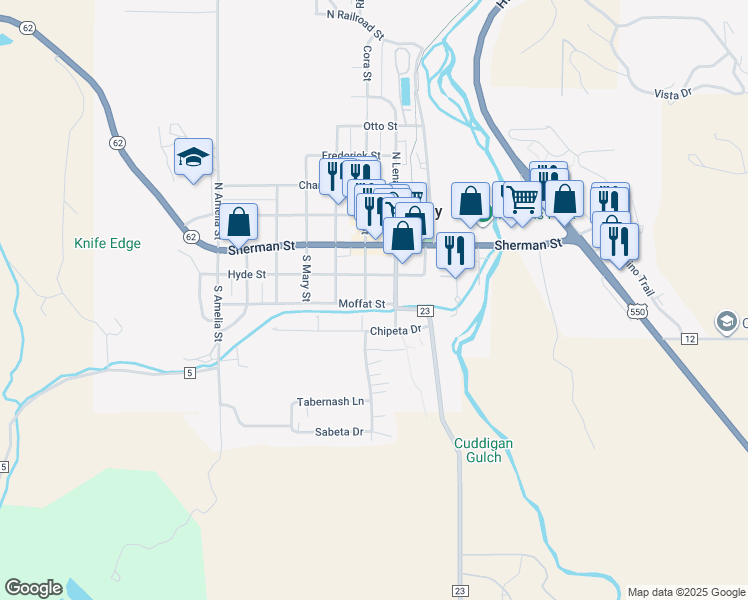 map of restaurants, bars, coffee shops, grocery stores, and more near 294 South Cora Street in Ridgway