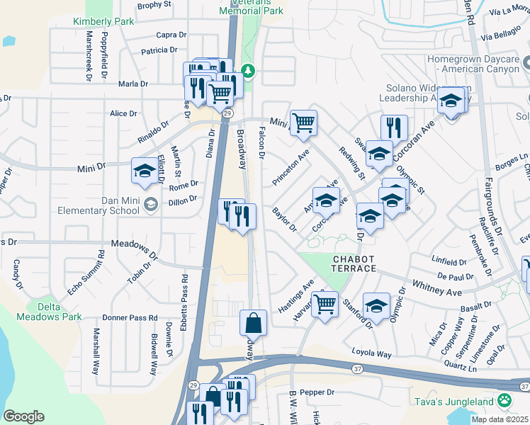 map of restaurants, bars, coffee shops, grocery stores, and more near 526 Falcon Drive in Vallejo
