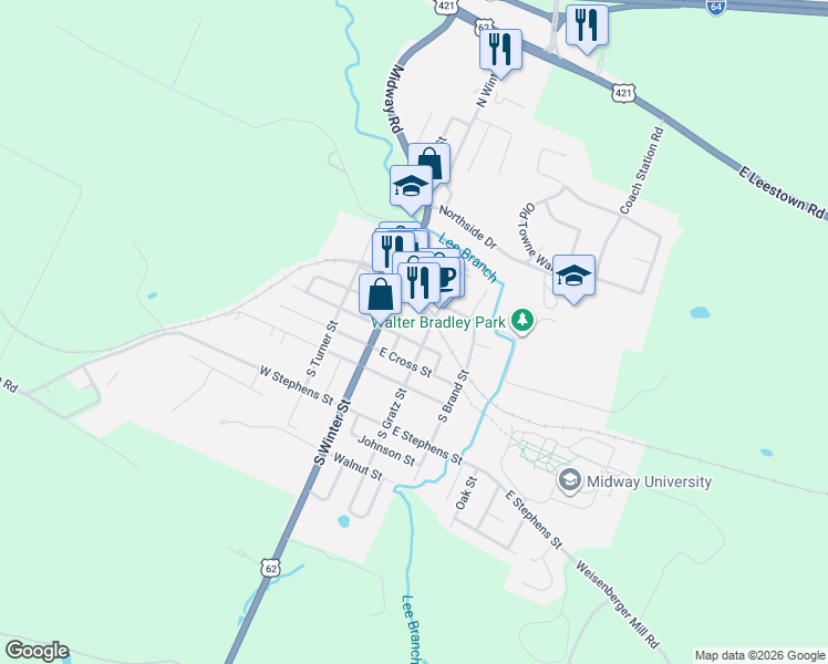 map of restaurants, bars, coffee shops, grocery stores, and more near 112 East Bruen Street in Midway