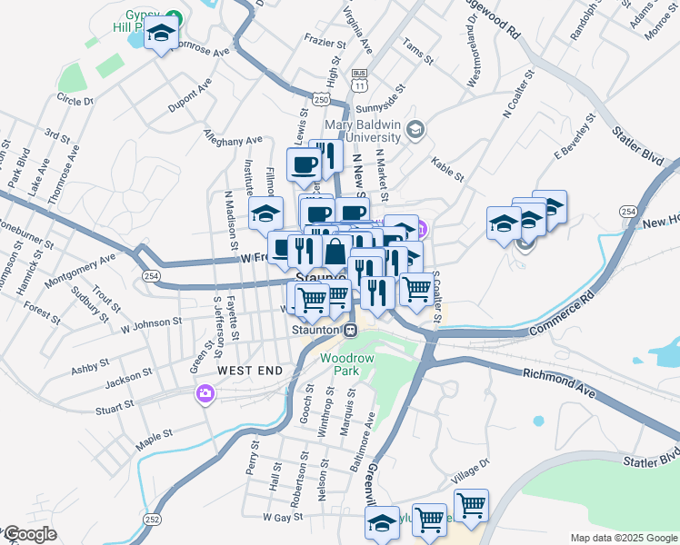 map of restaurants, bars, coffee shops, grocery stores, and more near 17 North Augusta Street in Staunton