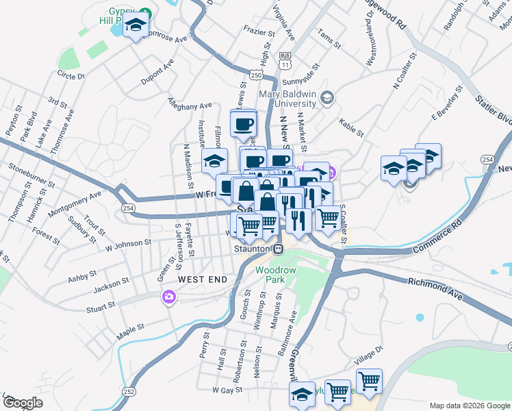 map of restaurants, bars, coffee shops, grocery stores, and more near 20 West Beverley Street in Staunton