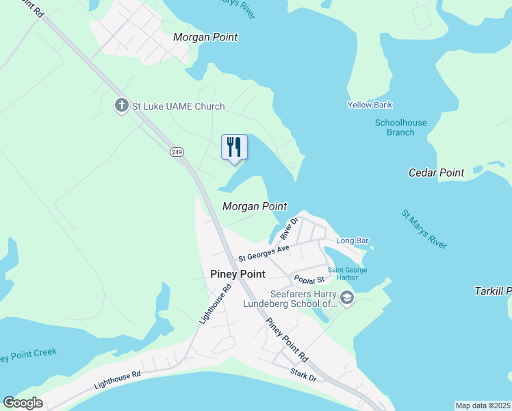 map of restaurants, bars, coffee shops, grocery stores, and more near 45326 Morgan Point Lane in Piney Point