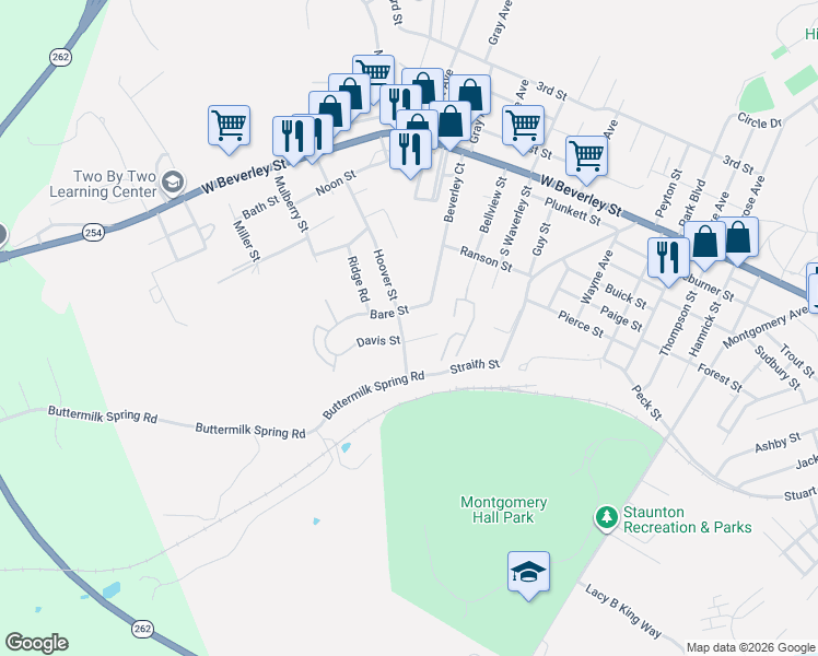 map of restaurants, bars, coffee shops, grocery stores, and more near 503 Hoover Street in Staunton