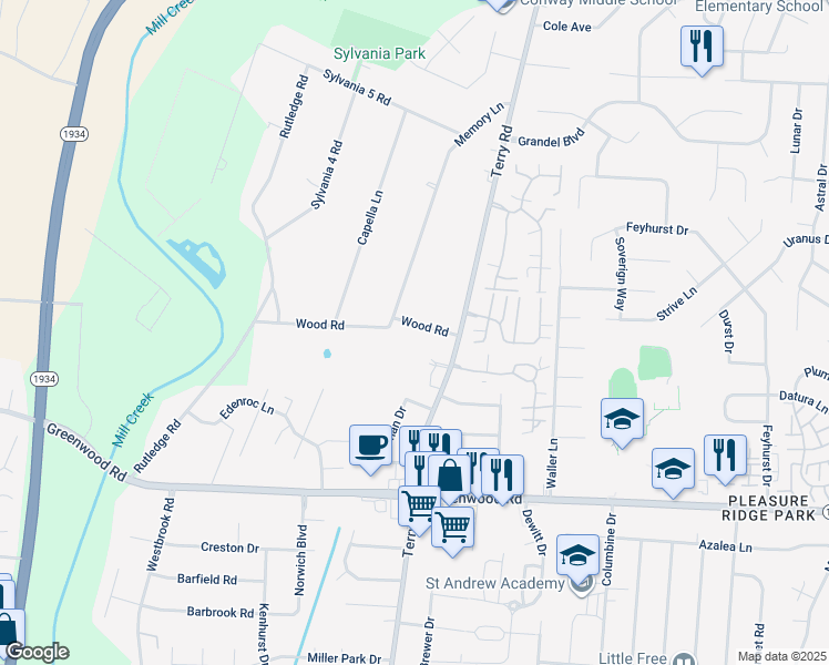 map of restaurants, bars, coffee shops, grocery stores, and more near 6911 Wood Road in Louisville