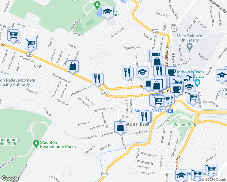 map of restaurants, bars, coffee shops, grocery stores, and more near 638 West Frederick Street in Staunton