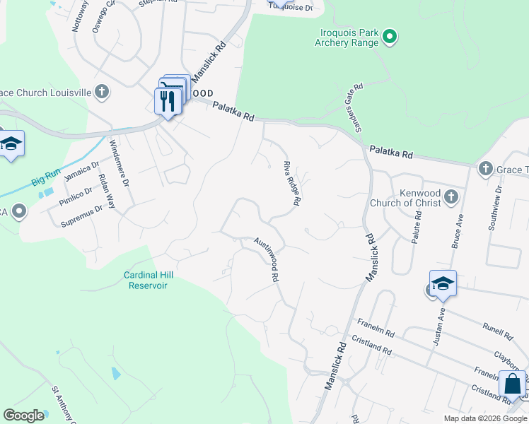 map of restaurants, bars, coffee shops, grocery stores, and more near 1900 Riva Ridge Road in Louisville