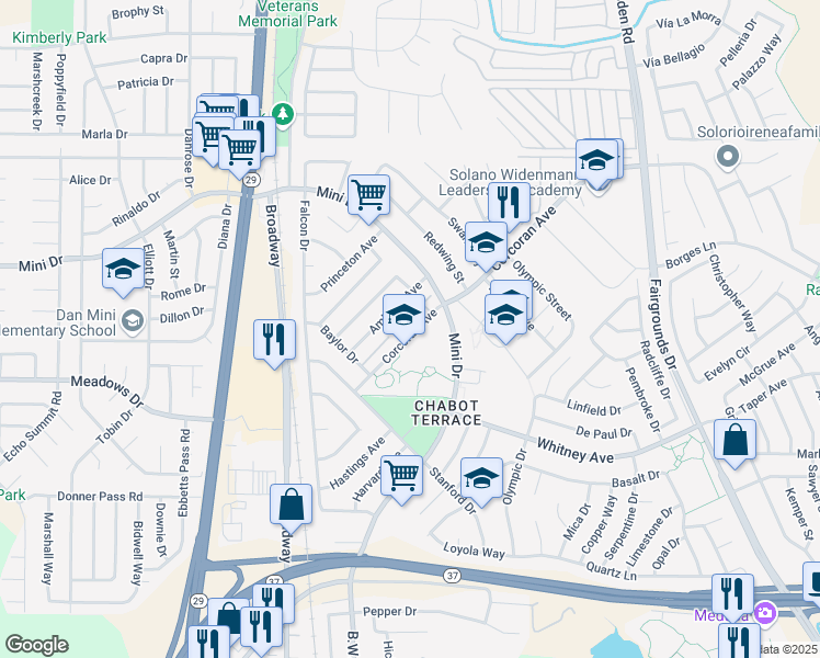 map of restaurants, bars, coffee shops, grocery stores, and more near 585 Mini Drive in Vallejo