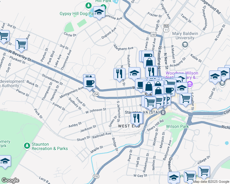 map of restaurants, bars, coffee shops, grocery stores, and more near 9 North Jefferson Street in Staunton