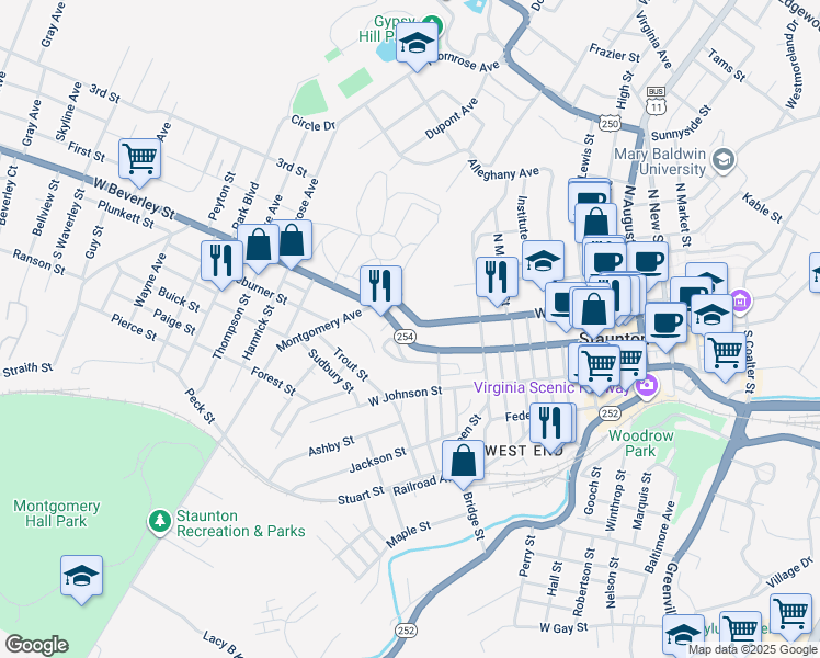 map of restaurants, bars, coffee shops, grocery stores, and more near 927 West Beverley Street in Staunton