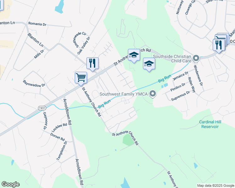 map of restaurants, bars, coffee shops, grocery stores, and more near 3009 Fordhaven Road in Louisville