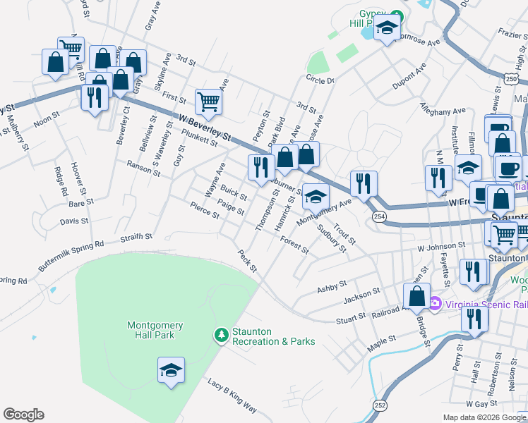 map of restaurants, bars, coffee shops, grocery stores, and more near 226 Thompson Street in Staunton