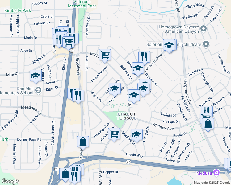 map of restaurants, bars, coffee shops, grocery stores, and more near 585 Mini Drive in Vallejo