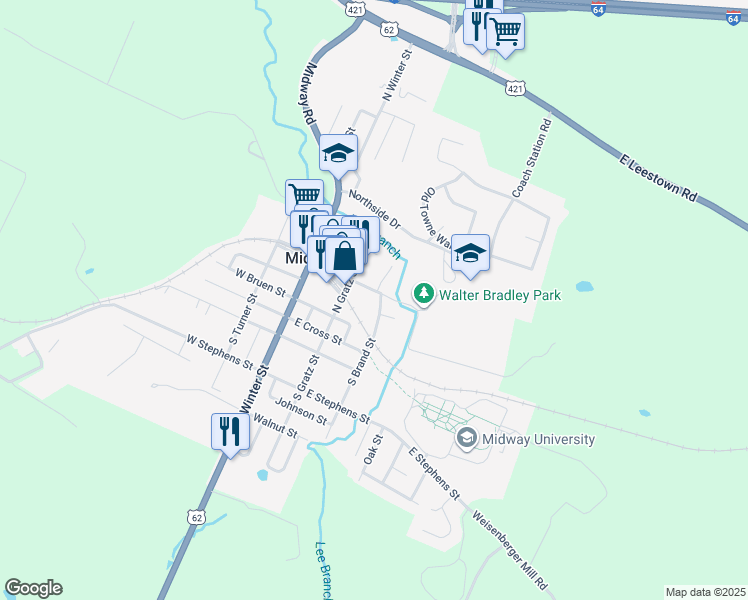 map of restaurants, bars, coffee shops, grocery stores, and more near 301 Dudley Street in Midway